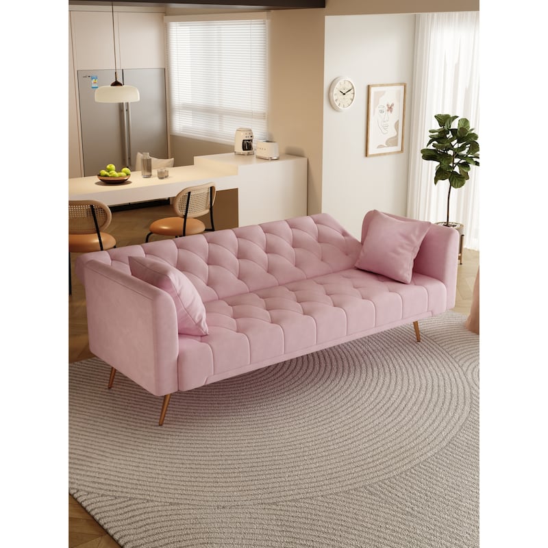 Pink 71" Velvet Convertible 3-seater Sofa Bed with Two Throw Pillows and Metal Legs for Living Room