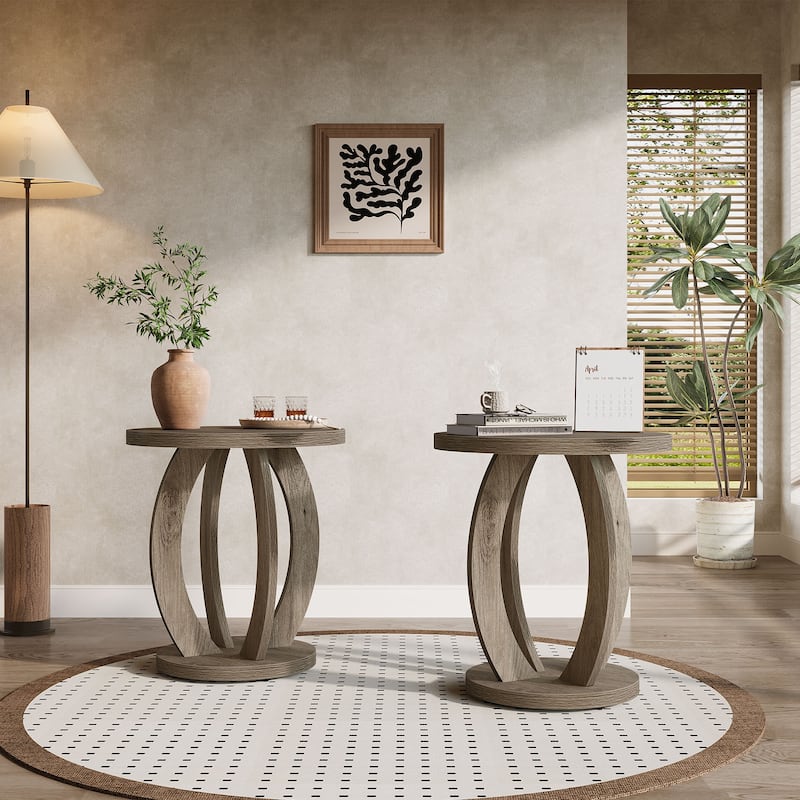 Round Side Table with Storage, Farmhouse End Table for Living Room Small Space - 2 Packs - Grey