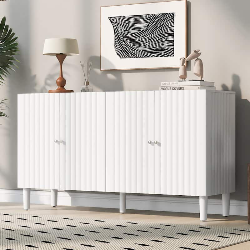 Elegant Four-Door Sideboard with Wavy Pattern Doors, Cylindrical Legs, and Sleek Metal Handles - White