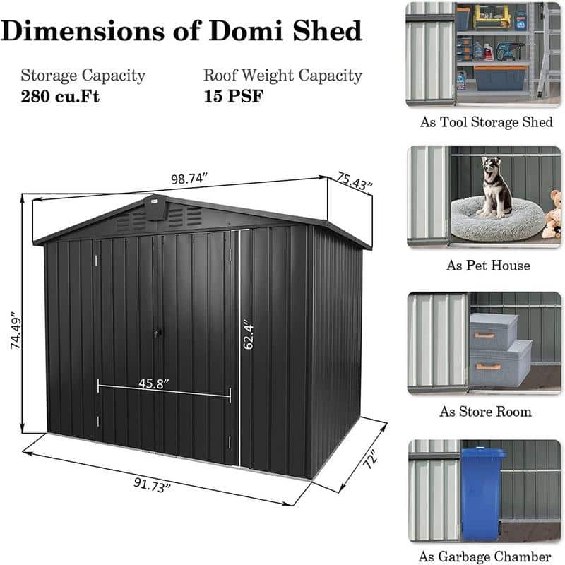 Outdoor Storage Shed Metal Patio Garden Bike Shed with Lockable Door - 8.2'x 6.2'
