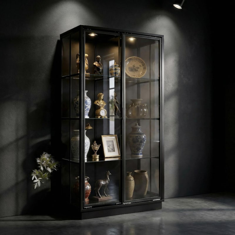 Modern Black Display Cabinet with Glass Doors, 75” Tall Curio Cabinet with Tempered Glass Shelves Bookshelves LED Light