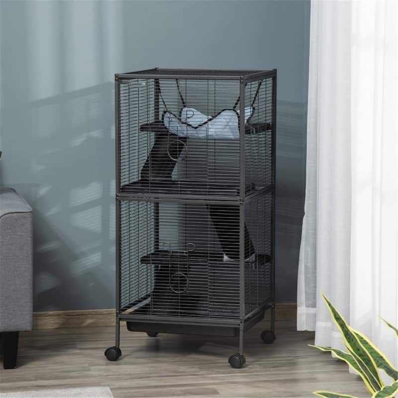 Multi-Tier Pet Cage for Ferrets, Chinchillas, and Sugar Gliders - 20.5"L x 20.5"W x 44.75"H - Silver-Grey-Black