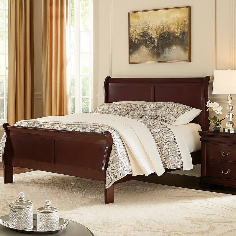 Deyr Queen Size Sleigh Bed, Louis Philippe Moulding, Warm Brown