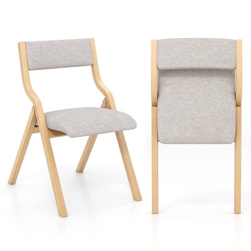 Set of 2 Linen Fabric Folding Chairs with Curved Backrest and Solid Bentwood Legs for Kitchen Use - 19" x 24" x 31" (L x W x H)