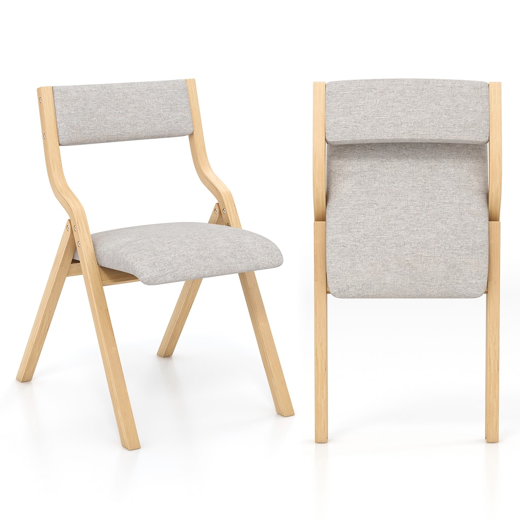 Set of 2 Linen Fabric Folding Chairs with Curved Backrest and Solid Bentwood Legs for Kitchen Use - 19" x 24" x 31" (L x W x H)