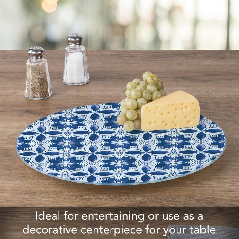 Blue Tile Pattern 4mm Heat Tolerant Tempered Glass Lazy Susan Turntable 13" Round Condiment Caddy Cake Plate Pizza Stand