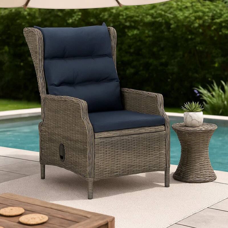 Outdoor Manual Reclining Chair, 2 Cushions, Brown Woven Poly Rattan