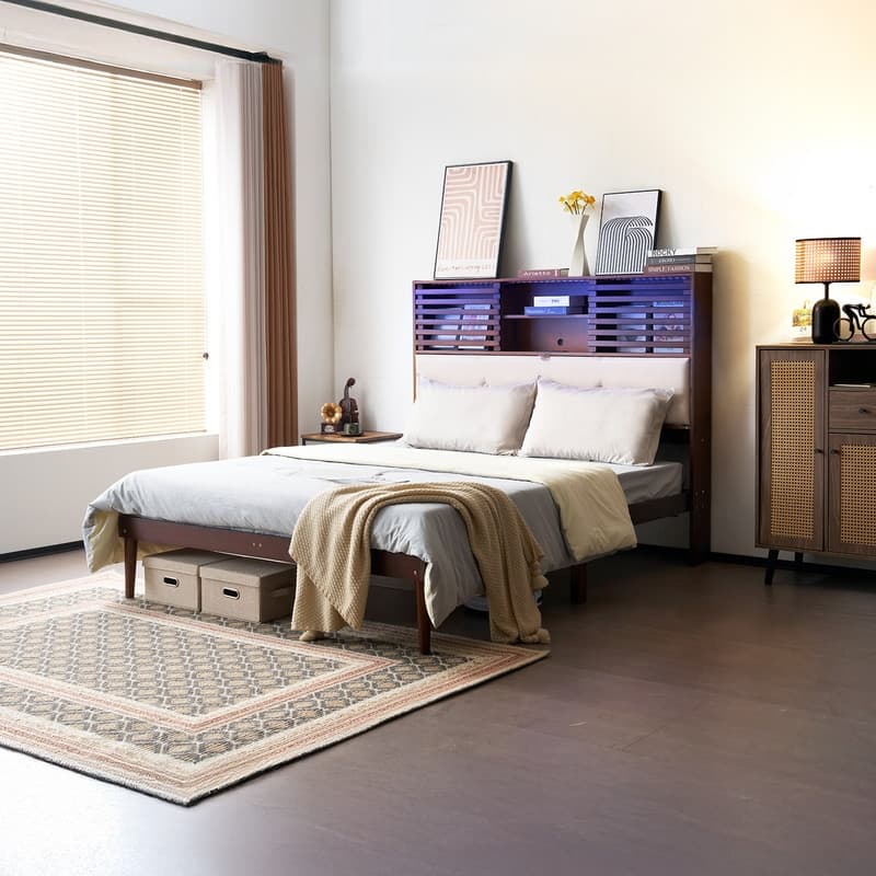 VINGLI High Back with Upholstery Single Layer Painted Surface Coffee Color with Backrest Storage Space with Plug RGB Strip Light