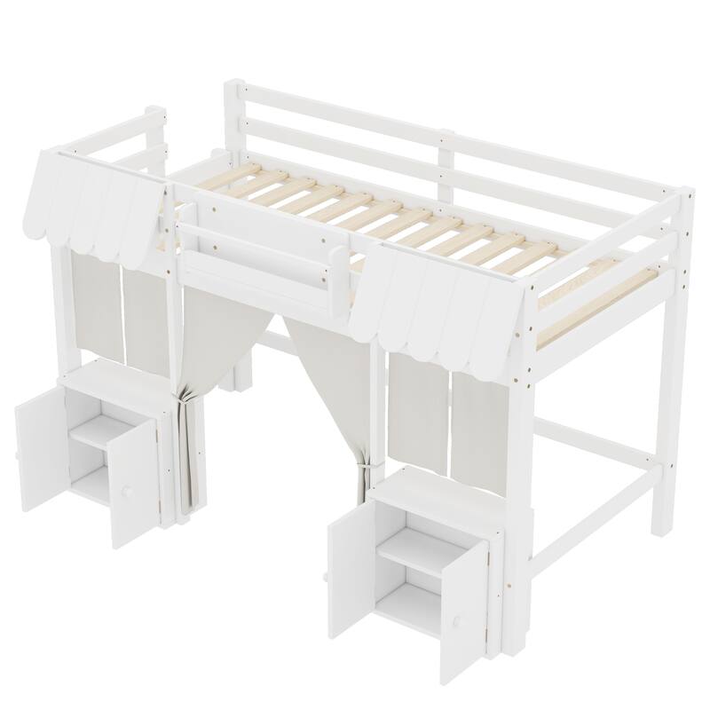 Roomfitters Low Loft Bed with Curtain and Storage, Solid Wood Cottage Frame with Bookshelf