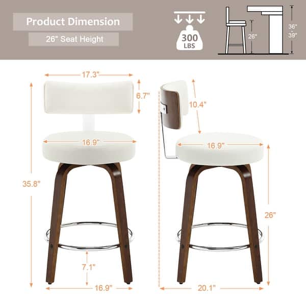 dimension image slide 2 of 9, Faux Leather Upholstered Swivel Counter/ Bar Stools Set of 1/2/4