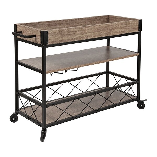 Offex Buckhead Distressed Light Oak Wood and Iron Kitchen Serving and Bar Cart with Wine Glass Holders