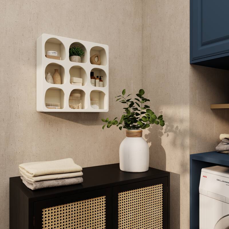 Cream or Black Wood 9 Shelf Geometric Room Wall Shelf