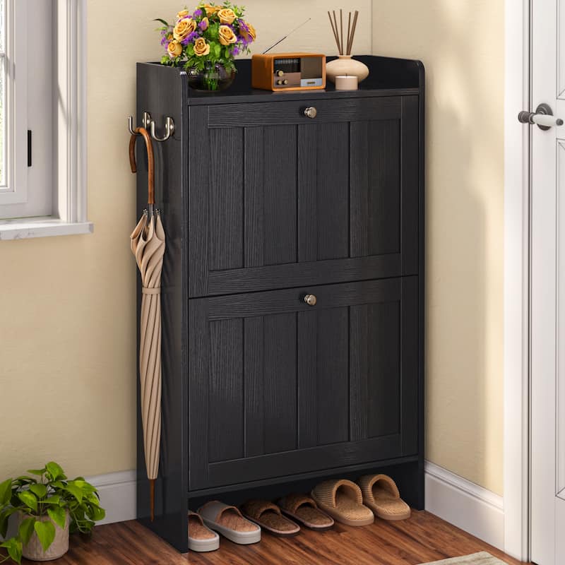 Shoe Cabinet with Flip Drawers, Slim Shoe Storage Cabinet for Entryway, Freestanding Narrow Rack with Open Storage