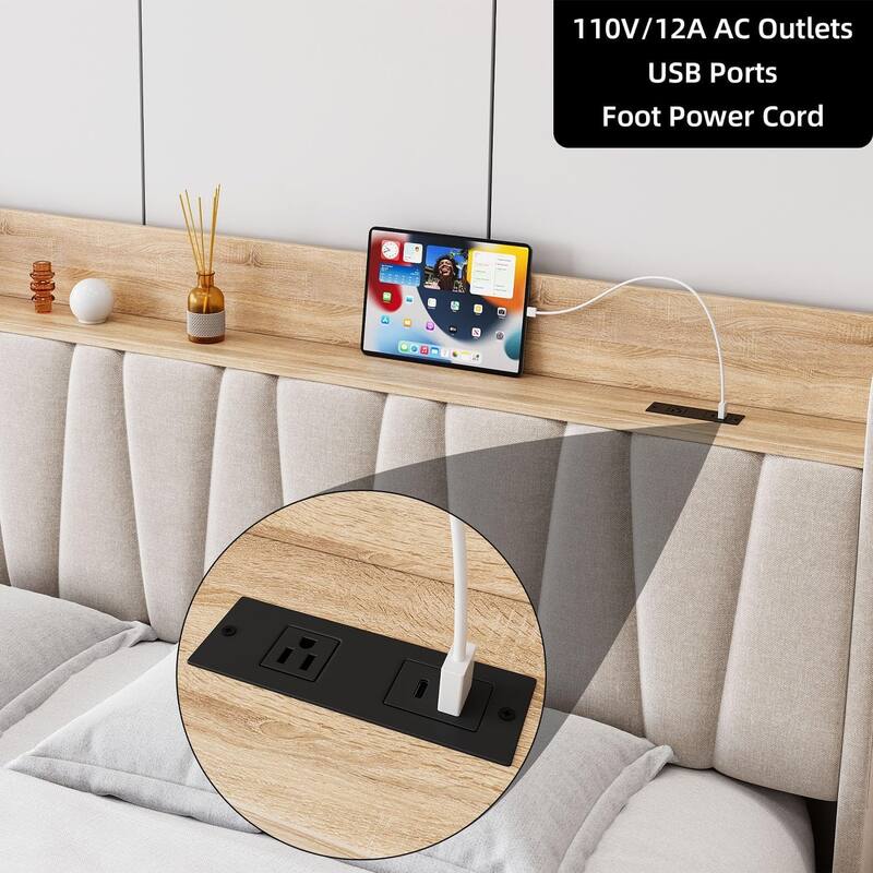 Upholstered Platform Bed with Storage Headboard, Drawer & Charging Station, Wood Slat Support