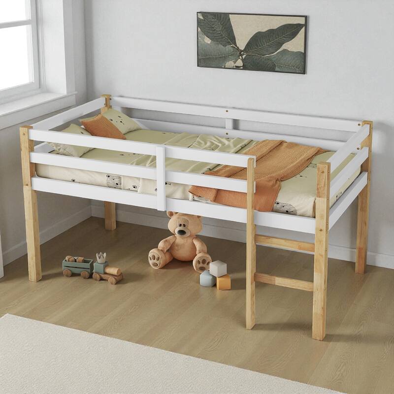 Solid Wood Twin Loft Bed with Ladder, Rubber Wood Frame Low Height Design with Guard Rails and Storage Space
