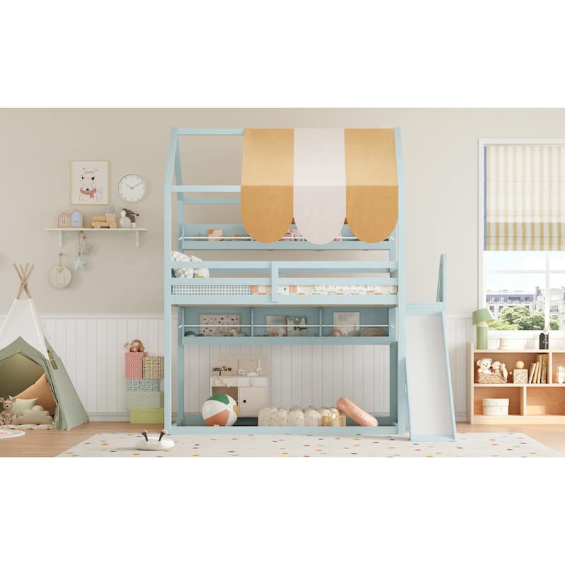 GDFStudio - Wooden Full Size House Bed with Canopy, Slide and Bookshelves