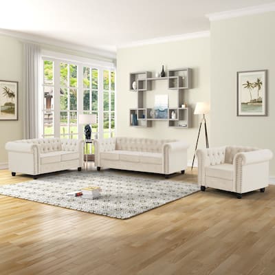 Classic Tufted Velvet Upholstered Chesterfield Club Chair Loveseat Sofa 3 Pieces with Nailhead for Living Room by Morden Fort