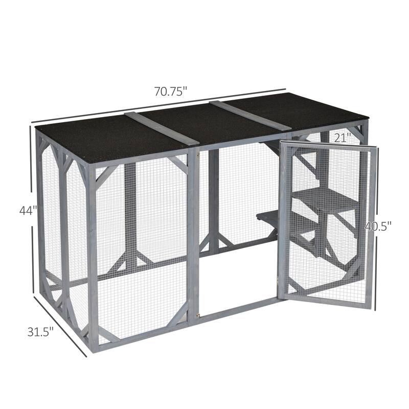 PawHut Wooden Outdoor Cat House Catio Kitten Enclosure Indoor Cage with Asphalt Roof, Multi-Level Platforms and Large Enter Door