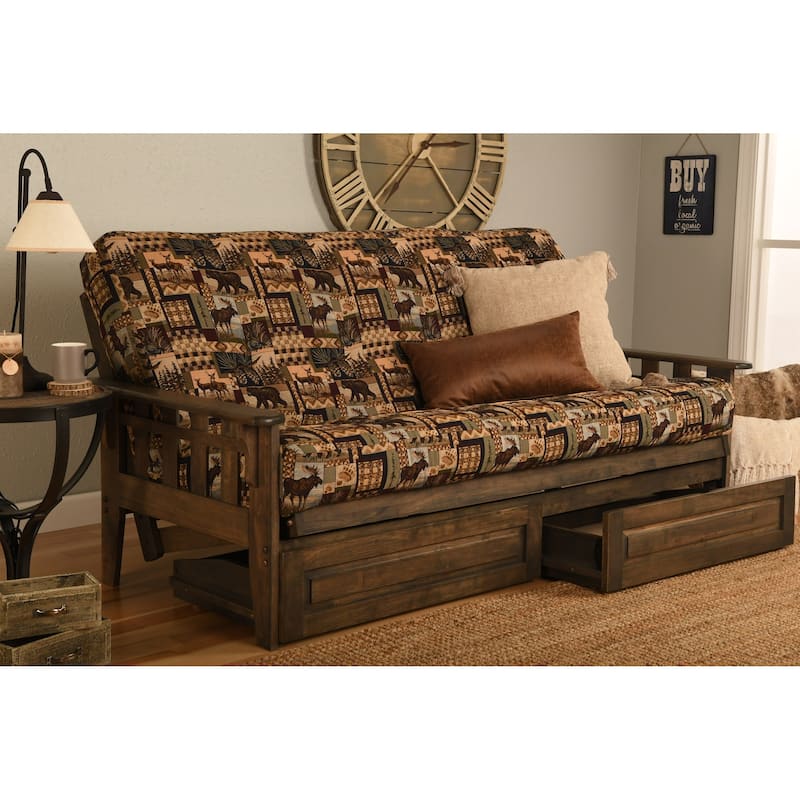 Somette Tucson Full Size Futon Set in Rustic Walnut Finish with Storage Drawers and Mattress - Peter's Cabin