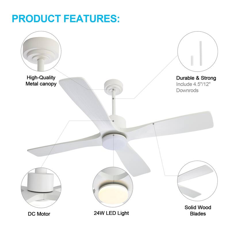 MLiAN 54 inch Solid Wood Indoor Ceiling Fan with Light Kit and Remote - 54 inch