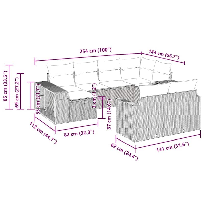 vidaXL Patio Sofa Set with Cushions Black Poly Rattan - 21.7 x 24.4 x 27.2