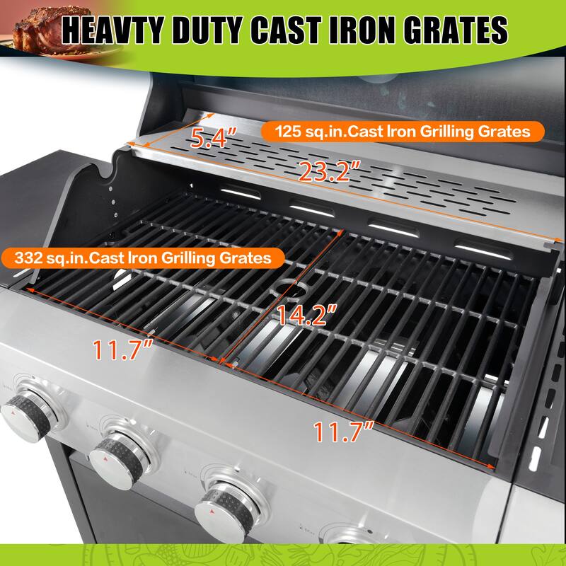 Propane Grill, Stainless Steel BBQ Grill with Side Burner and 4 Burner