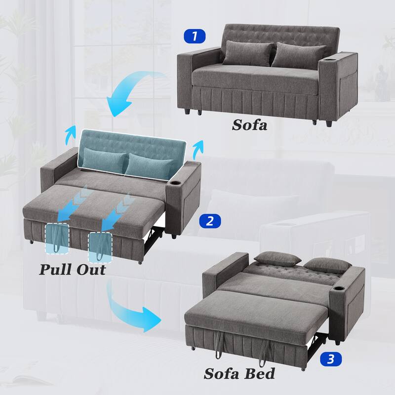 61.41" Chenille Convertible Sofa Bed with Adjustable Backrest, USB & Cup Holders