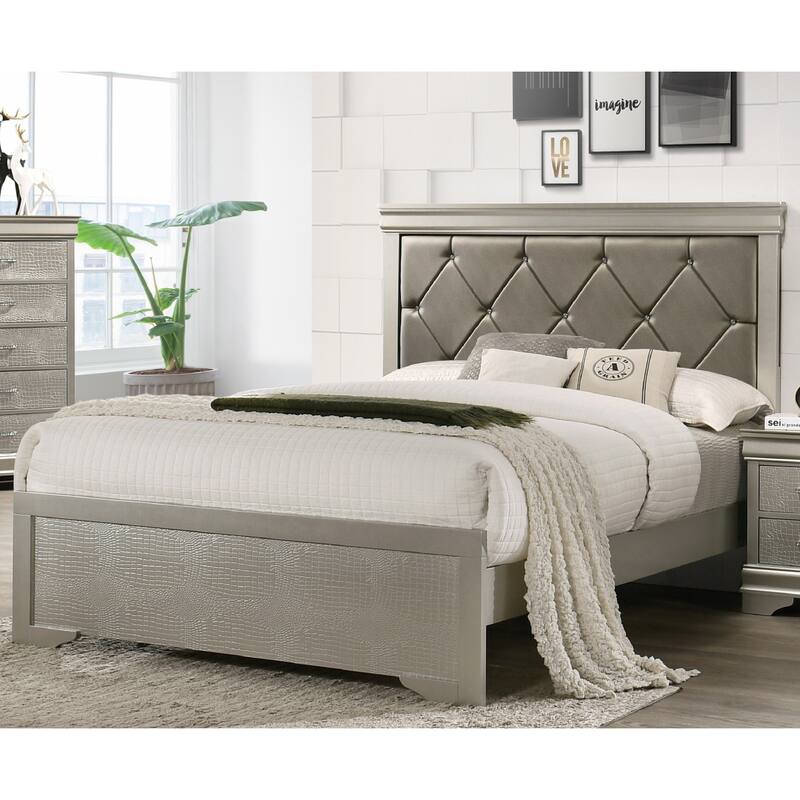 Full Size Wood Modern Panel Bed with Upholstered Headboard and Crystal Button Tufting - Beige