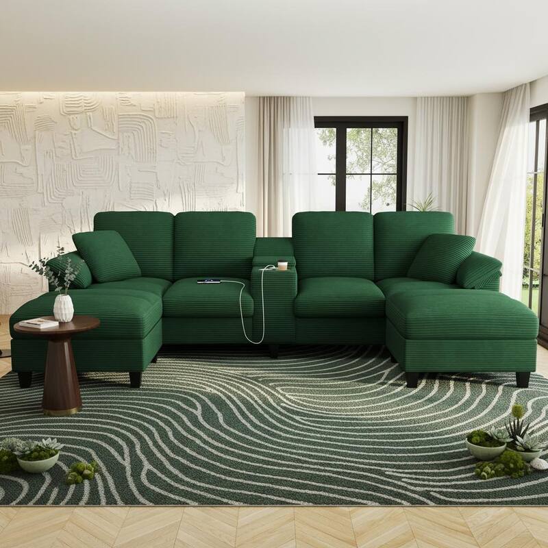 U-Shaped Corduroy Sectional with Hidden Storage, Center Console & USB Ports by Harper&Bright Designs