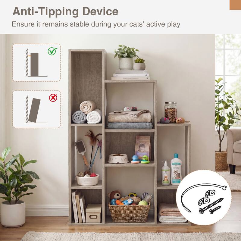 Gymax Modern Cat Bookshelf w/ 2 Round Holes Anti-Tipping Device for