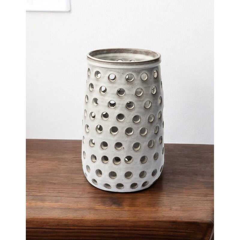 Organic White Glaze Pierced Dot Ceramic Vase - 8" W x 12" H x 8" D