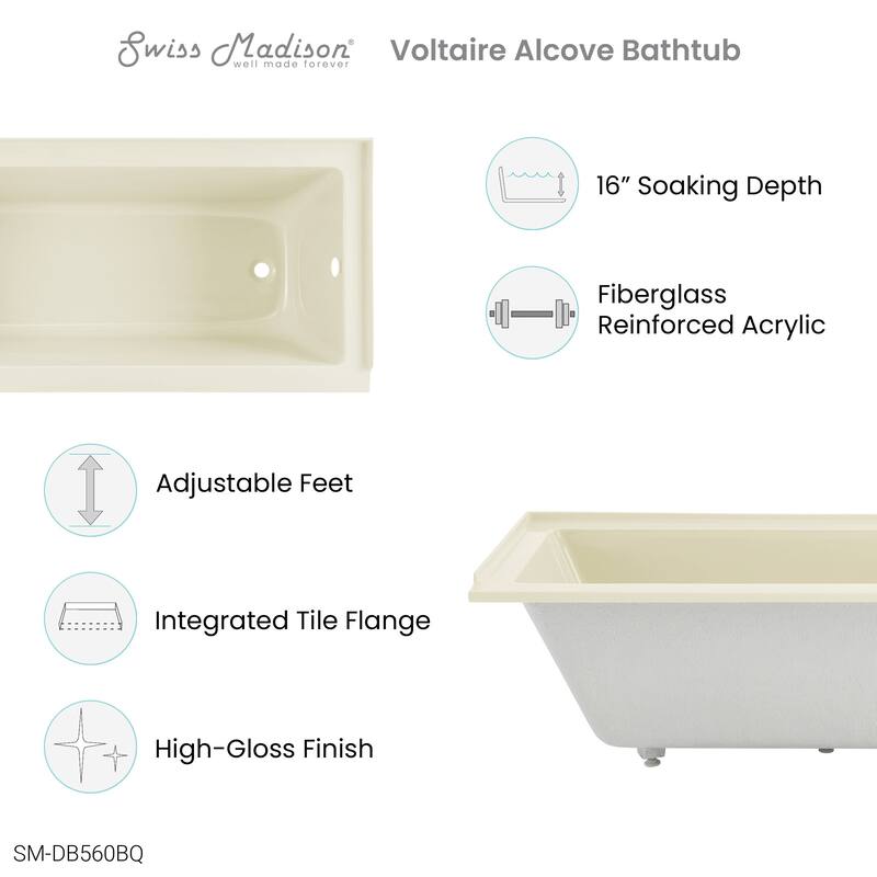 Voltaire 60" X 30" Left-Hand Drain Alcove Bathtub in Bisque