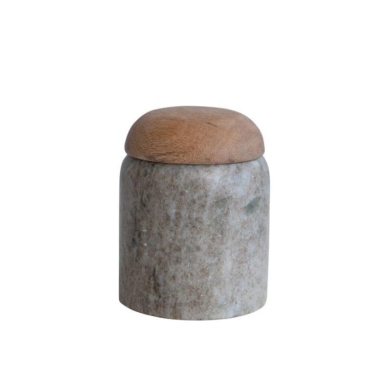 Marble and Mango Wood Pinch Pot with Lid - BN2 - 3" Round x 4"H - Beige & Natural II