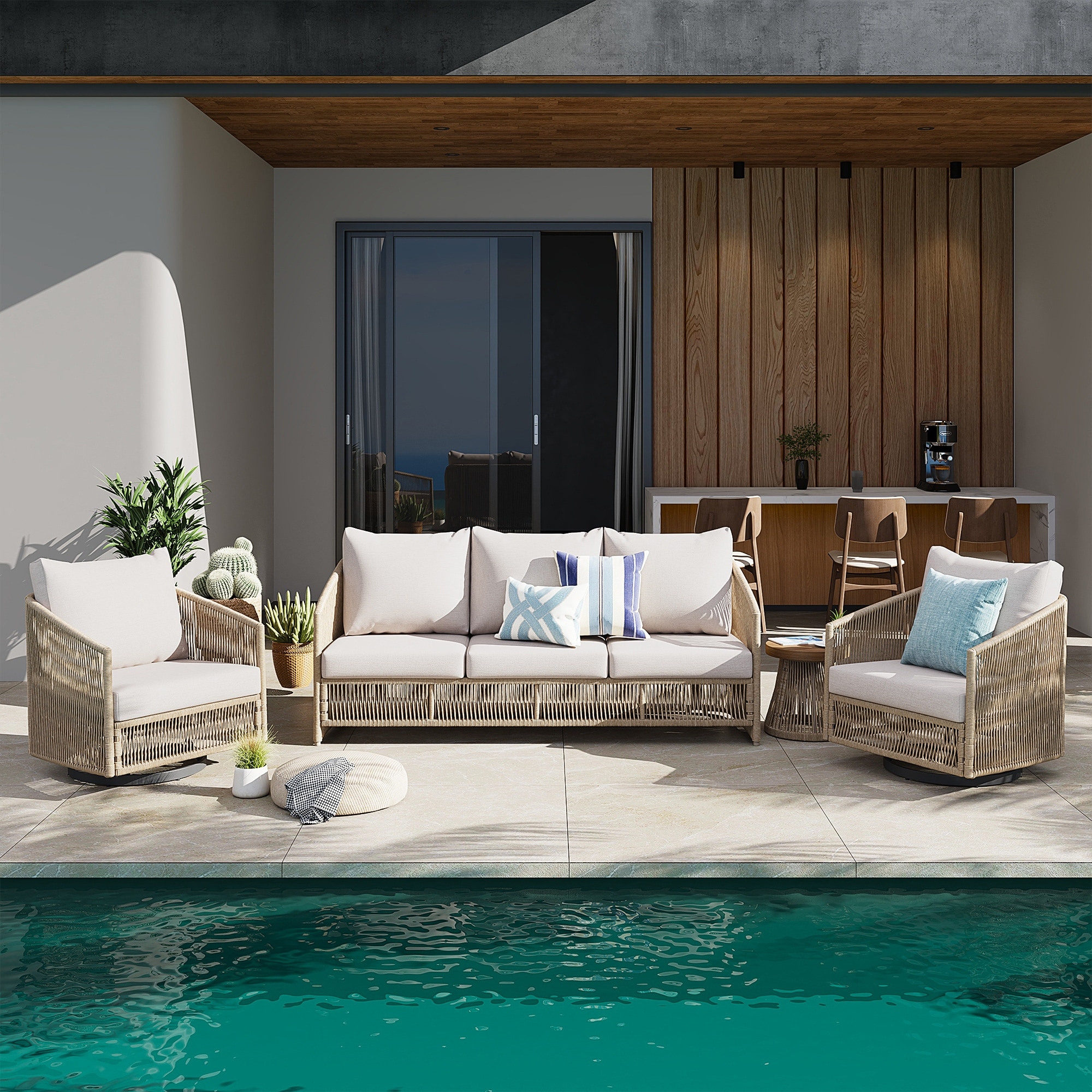 4-Piece All-Weather Wicker Outdoor Conversation Set with Swivel Patio Chairs, Acacia Wood Side Table