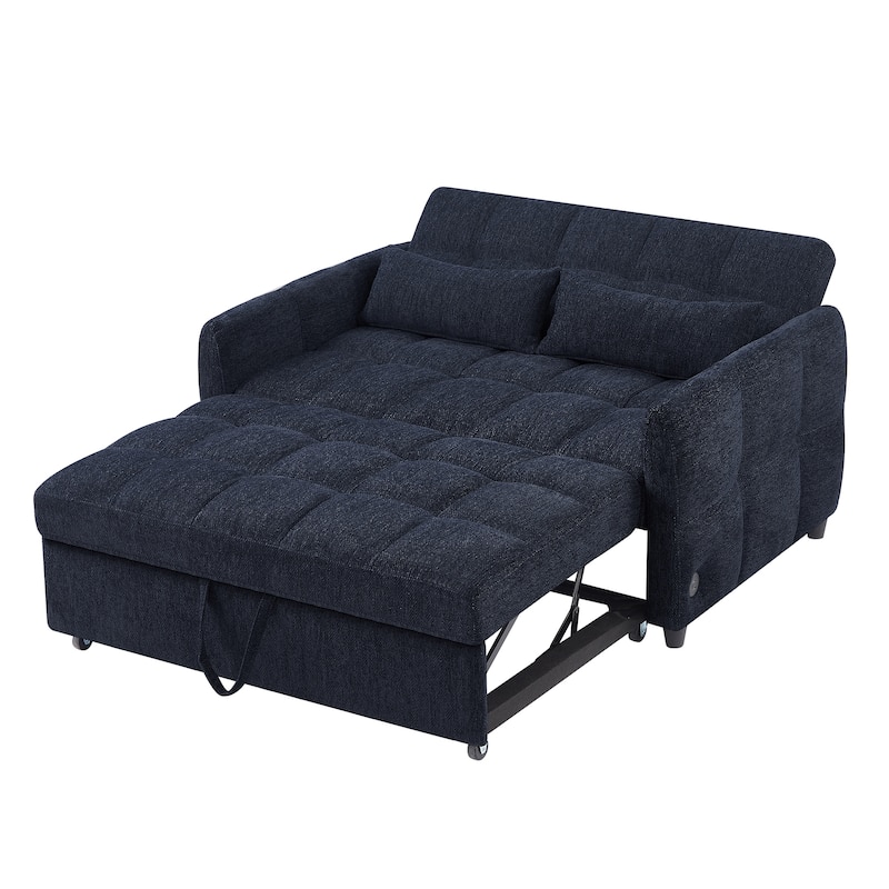 52.8" Blue Chenille Loveseat Sofa Bed with Adjustable Backrest and USB Ports