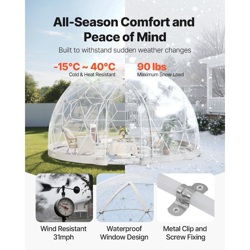 12ft Clear Weather-Resistant PVC Bubble Dome Igloo Tent with Windows and Zippered Door for Garden or Patio - 11.8 × 7.2 ft