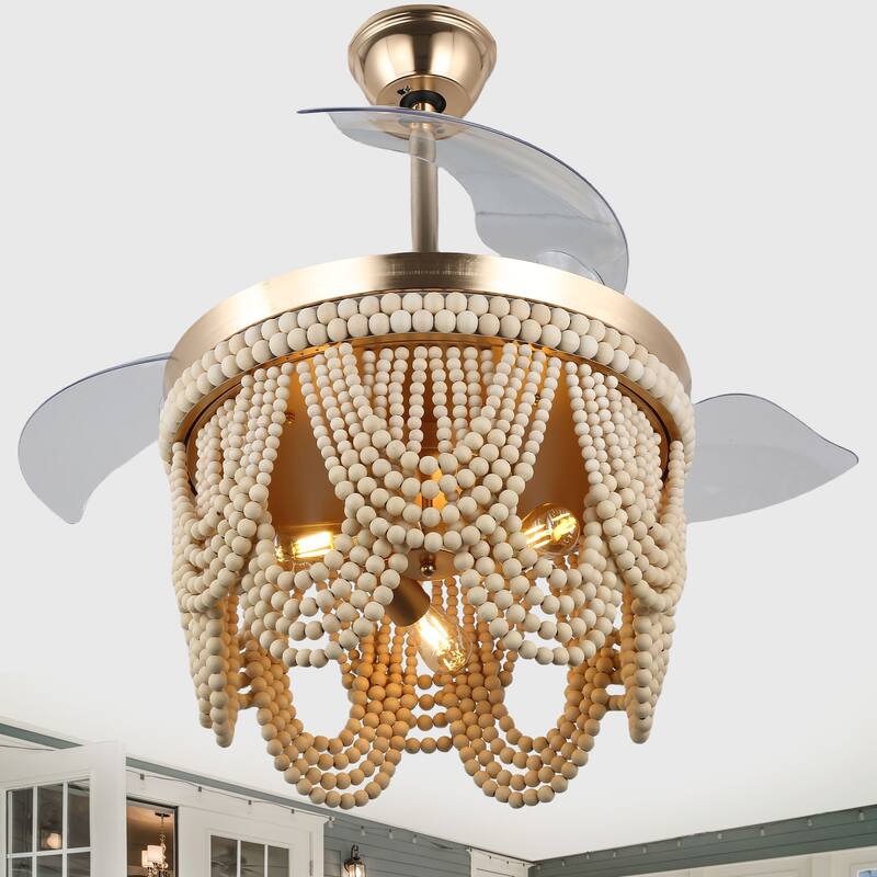 Cusp Barn 42" Retractable Ceiling Fan with Light, Farmhouse Wooden Bead Chandelier, Quiet DC Motor 6 Speeds Bohemian Ceiling Fan - Gold