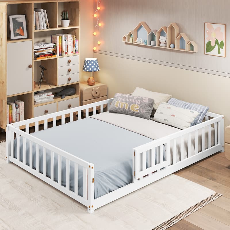 Montessori Floor Bed Frame with Full-length Guardrails Safety Door and Plywood Slats