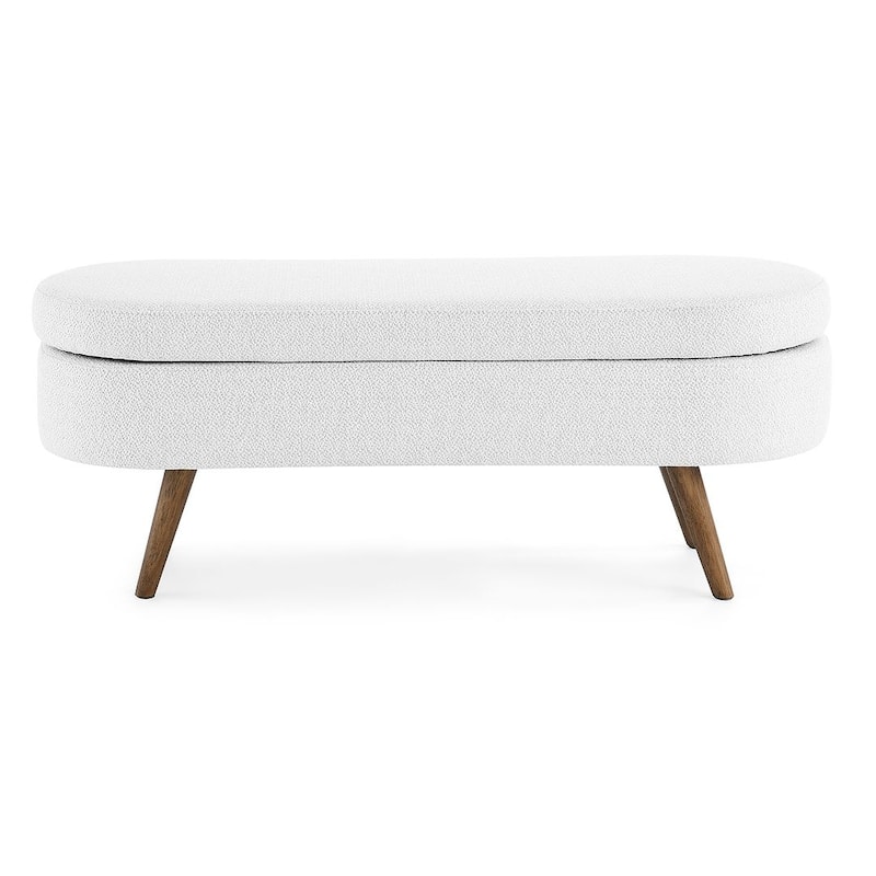 Modern Oval Storage Bench with Wood Legs - White