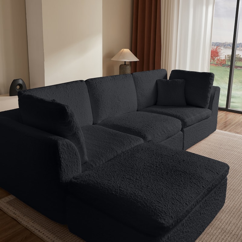 Floor Standing L-shaped Sectional Sofa Modular Deep Seat Couch Chenille Sleeper Sofa Bed with Ottoman Chaise Lounge and Pillows