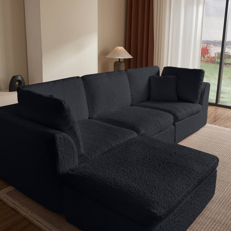 L-Shaped Convertible Cloud Sectional Sofa, Oversized Chenille Fabric Compressed Sofa, Modular 3 Seater Sofa with Ottoman