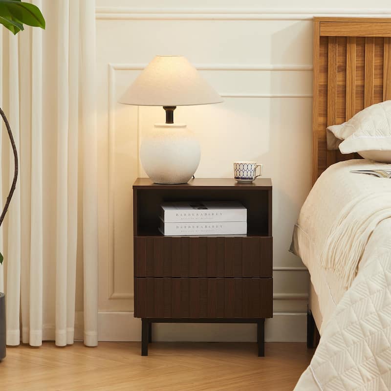 Mid Century Woodgrain Nightstand Pair 2 Drawers Bedside Table