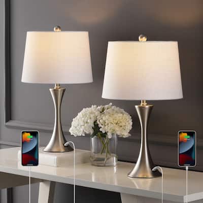 Makena 22.75" Modern Glam Iron Hourglass LED Table Lamp with USB Charging Port, (Set of 2) by JONATHAN Y