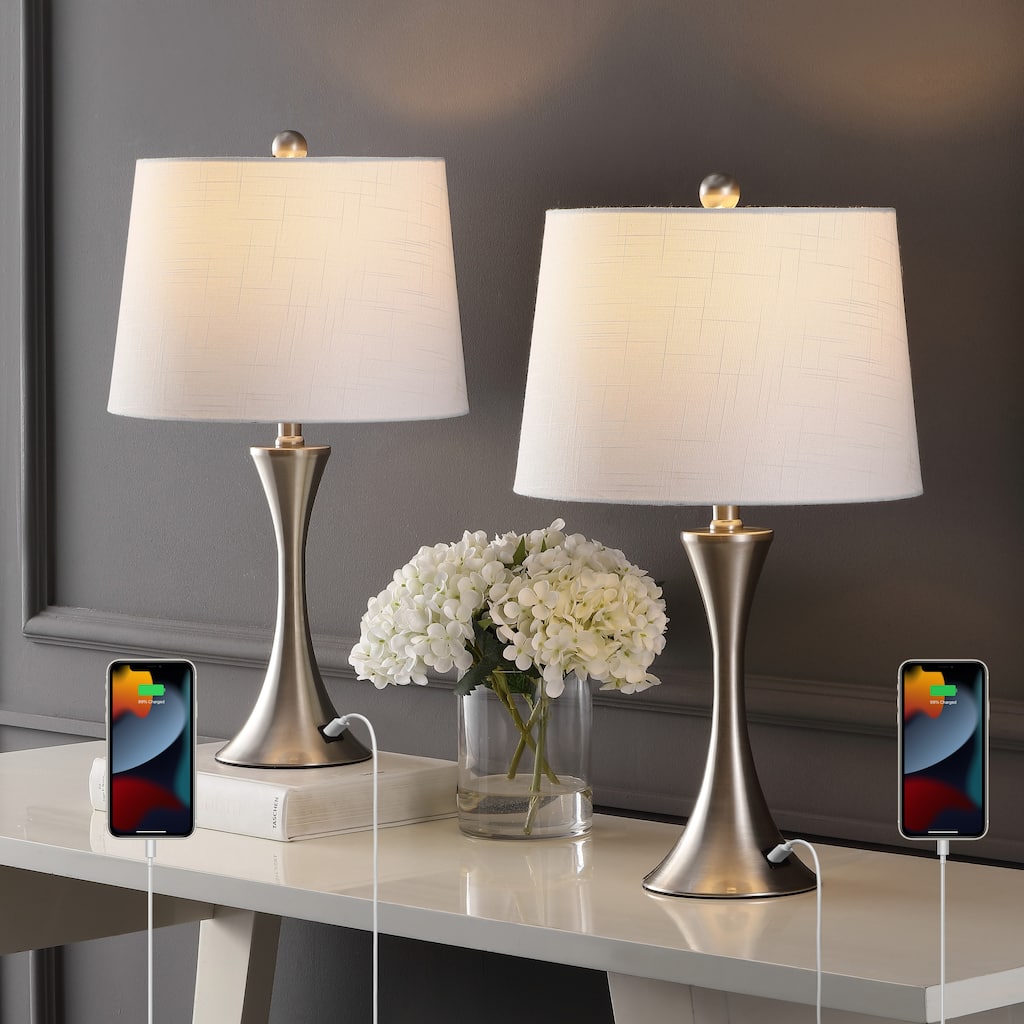 Makena 22.75" Modern Glam Iron Hourglass LED Table Lamp with USB Charging Port, (Set of 2) by JONATHAN Y