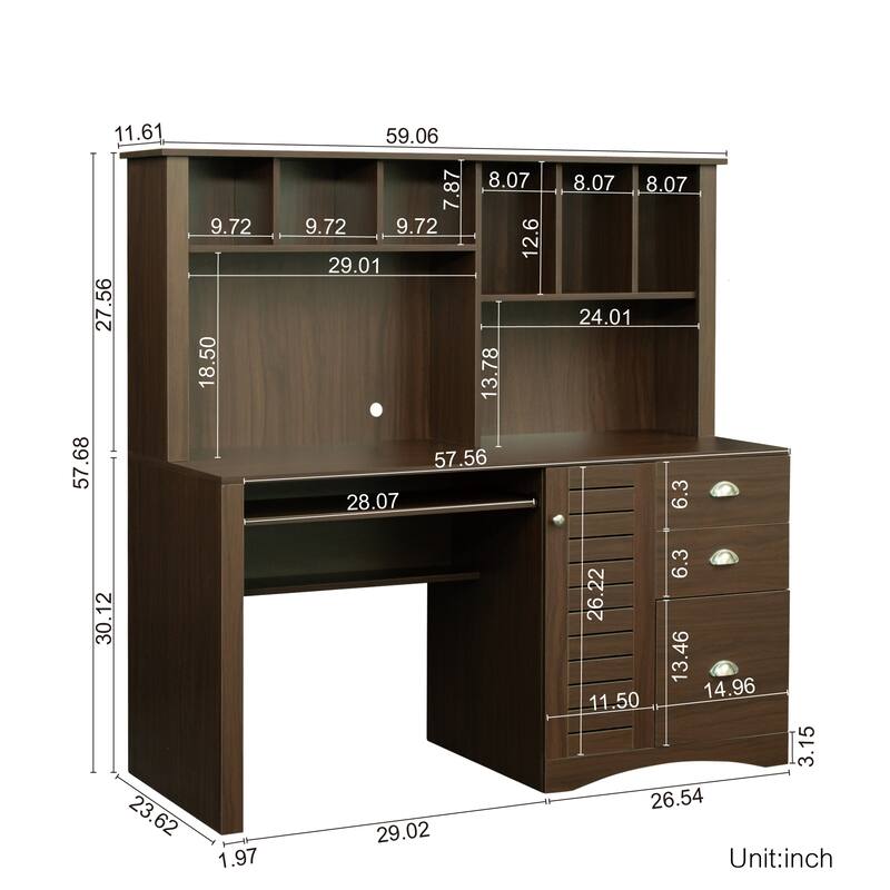 Spacious Home Office Computer Desk with Hutch, 2-Tier Shelf & 3 Drawers