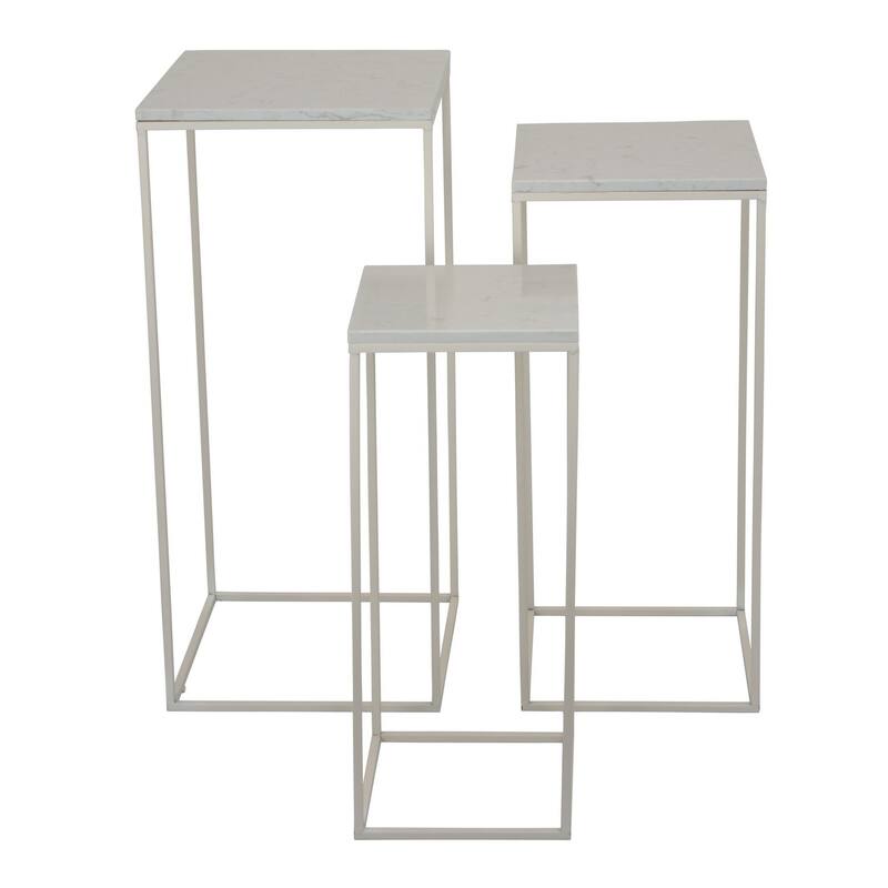 Plant Stand Table Set of 3, White Marble, Metal Frames, Square Tops