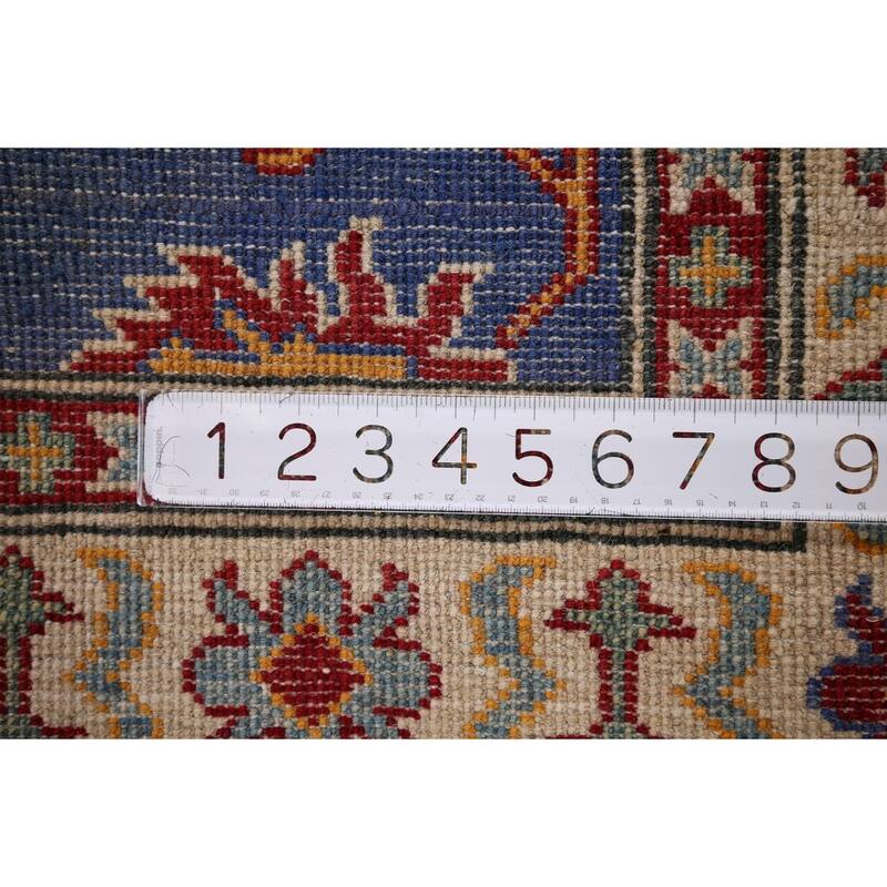 Blue Geometric Kazak Accent Rug Hand-Knotted Oriental Wool Carpet - 3'5" x 4'11"