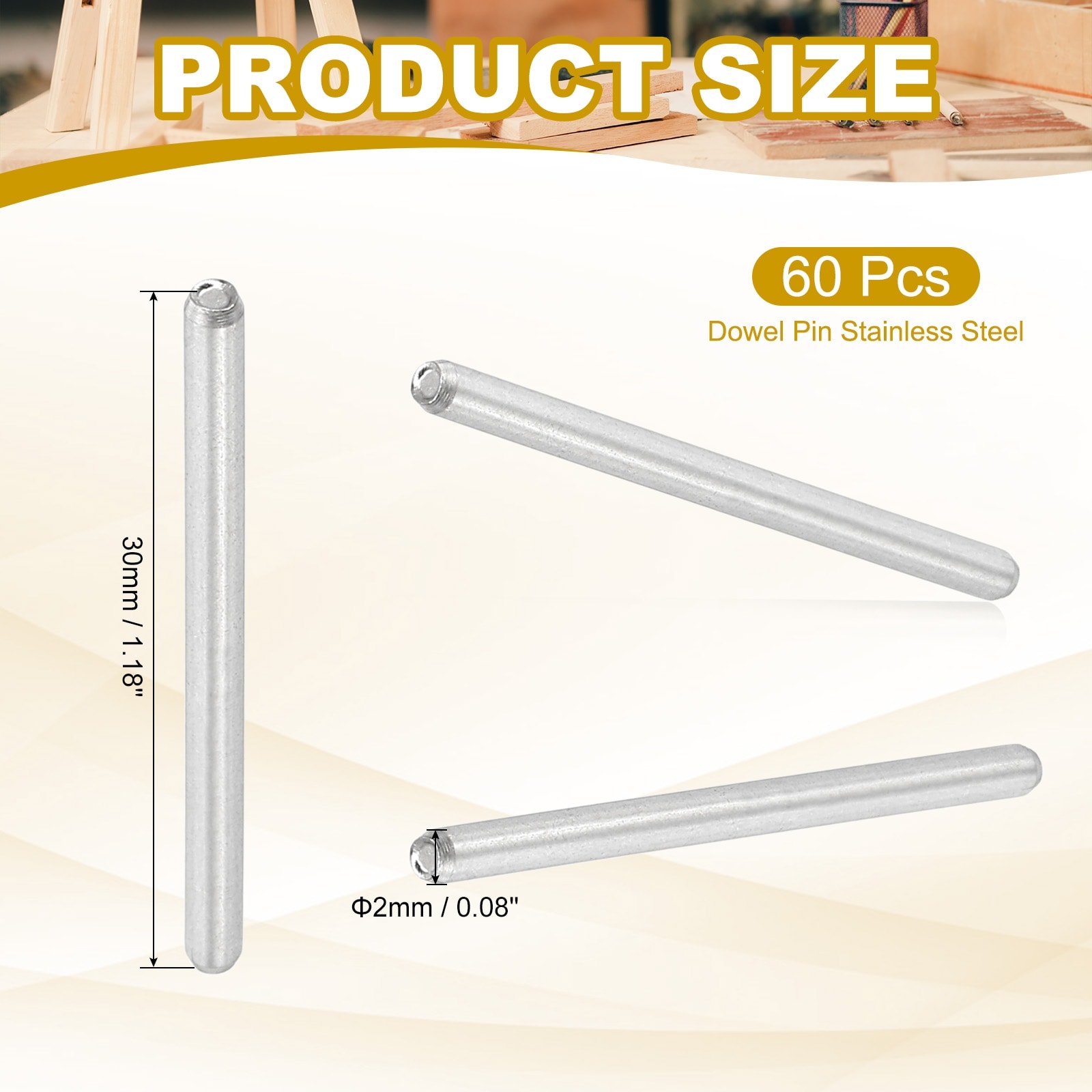 2mm x 10mm Dowel Pin 304 Stainless Steel 60 Pcs Metal Dowel for Shelves Silver