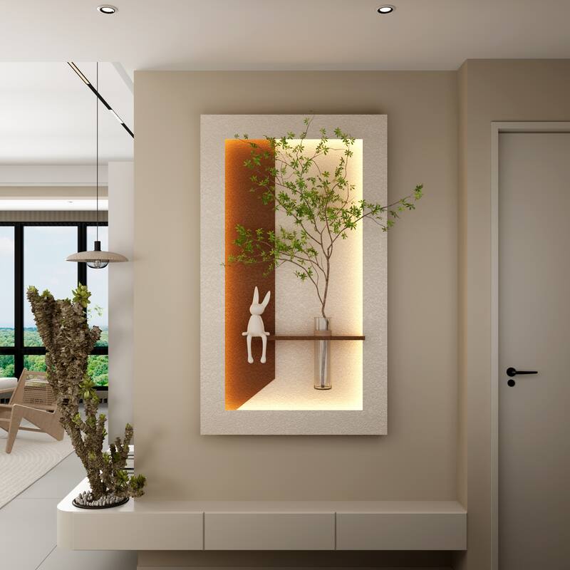 Adjustable 3-Color LED Sandstone Wall Decor with Simulated Green Plants, Glass Vase & Rabbit Statue, Remote Control Light Strips