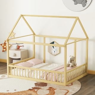 Full Floor Bed with Roof Frame and Guardrails